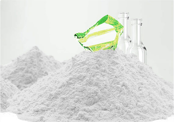 Ground glass pozzolan beside laboratory glassware and recycled glass