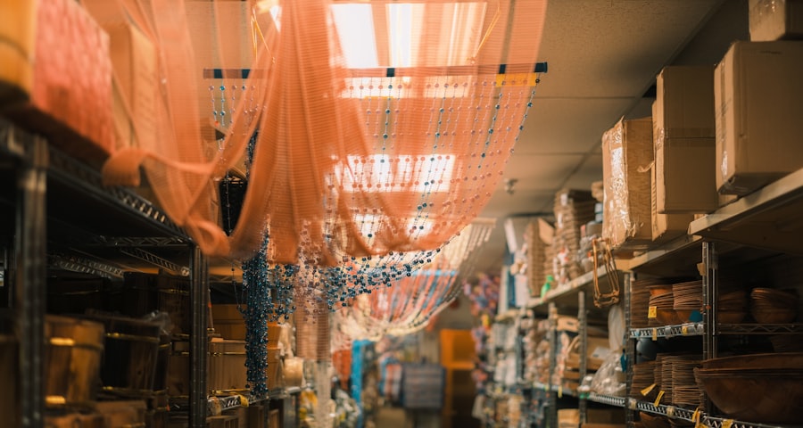 Shelves filled with packaged consumer goods in storage