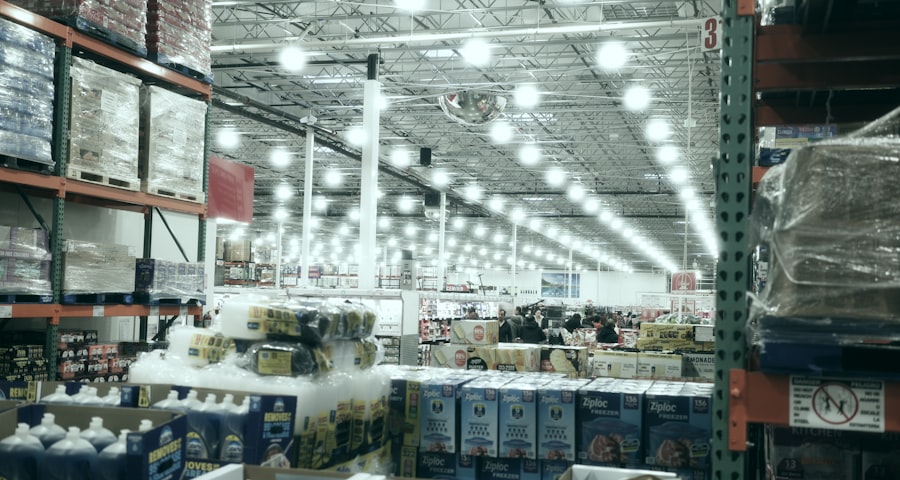 Bright retail warehouse aisle with product shelving
